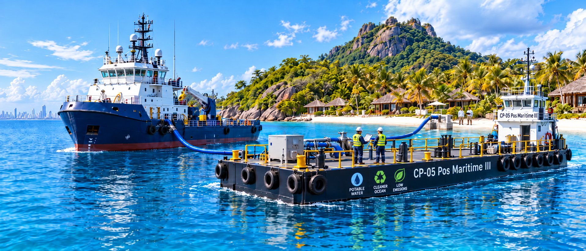Barcaza de agua potable descargando junto a una isla tropical